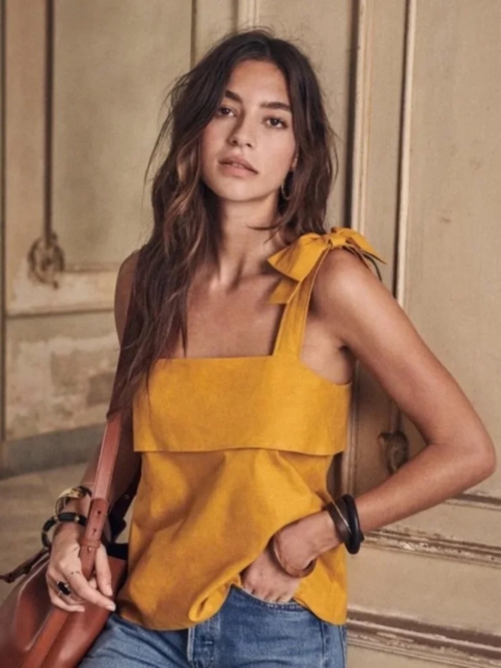 Sezane Isa Removable Bow Button Back Top in Curry Yellow Size 36 (Small or 4)